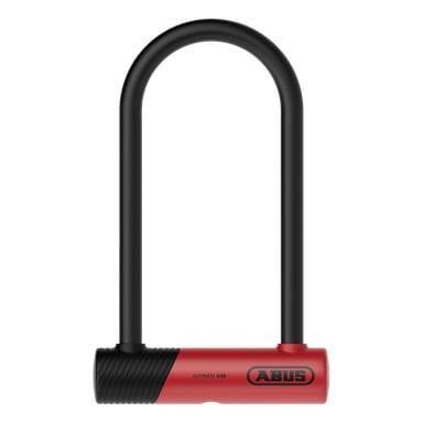 Svart och rött ABUS U-lås 420K Ultimate cykellås med ett cylindriskt lås och ABUS-logotyp framtill.