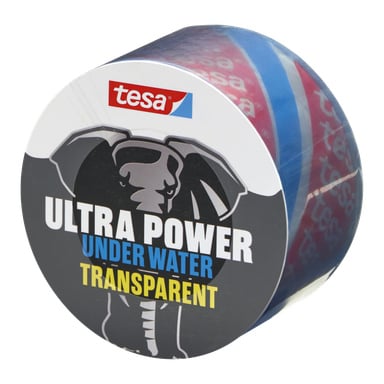 Osittain avattu tesa Repair -nauha Ultra Power Under Water -rulla, jossa on norsu pakkauksessa ja punaiset ja siniset kerrokset sisällä.