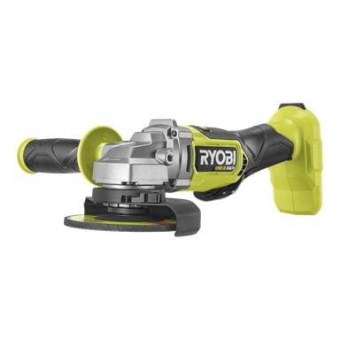 Ein Ryobi One+ HP Winkelschleifer RAG18X125-0 verfügt über einen Seitengriff, ein graues Metallgetriebe und einen gelb-schwarzen Korpus.