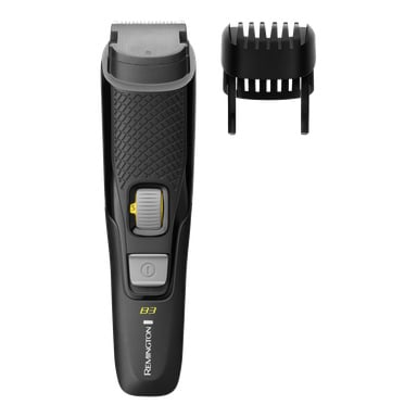 Remington Style Series B3 trymer do brody z teksturowanym chwytem, pokrętłem, przyciskiem zasilania oraz czarnym grzebieniem po prawej stronie.