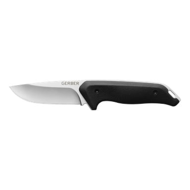 En Gerber Outdoors-kniv med ett fast silverblad märkt "GERBER" och ett svart greppgrepp med två skruvar och en nyckelspår.