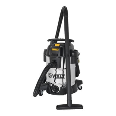 DeWalt DXV38SPTA -pölynimurissa on ruostumattomasta teräksestä valmistettu runko, mustat ja keltaiset yksityiskohdat, suuri letku, pyörät ja lattiasuutin.