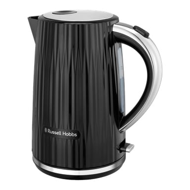 Svart Russell Hobbs Eden vattenkokare med texturerad kropp, silverfärgade handtag och lockdetaljer, vattenfönster, strömbrytare i botten och frontlogotyp.