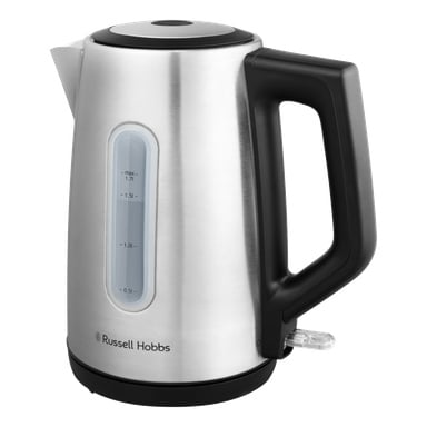 Rostfritt stål Russell Hobbs Heaton elvattenkokare med svart handtag, svart lock, klart vattennivåfönster och logotyp i botten.