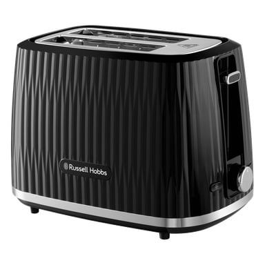 En svart, texturerad Russell Hobbs Eden 2-skivors brödrost med kromade lister, dubbla platser, en kontrollratt och sidoknapp.