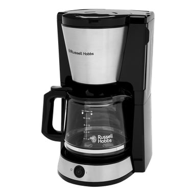 Russell Hobbs Heaton kaffebryggare med rostfritt stål, glaskaraff märkt för mått och svart-silverdesign med en knapp.