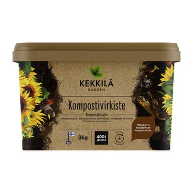 Suorakaiteen muotoinen ruskea ja vihreä Kekkilä Compost Activator -astia näyttää auringonkukkia, kompostia, lippua sekä etikettejä "3 kg" ja "400 L".