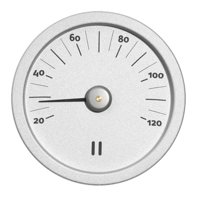 Pyöreä Rento-saunalämpömittari, jossa hopeinen reuna, valkoinen pinta, musta 0–120 asteikko, neula 30 ja kaksi mustaa palkkia keskeltä.