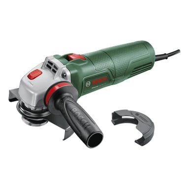 En grön Bosch vinkelslip UniversalGrind 850-125 med svart sidohandtag och en avtagbar säkerhetsskydd bredvid.