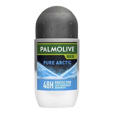 Palmolive Men Pure Arctic deodorant har en grå lock och en blå etikett med ljusblå och vita grafik och text.
