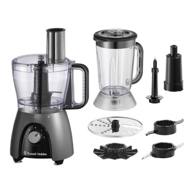 Russell Hobbs Desire Matte Charcoal matberedare med svart botten, genomskinlig skål och kanna, blad, skivor, tillbehör; Varumärket på basen.