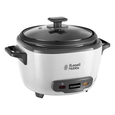 Russell Hobbs Rice Cooker Large to biały elektryczny ryżowar z szklaną pokrywką, bocznymi uchwytami i przednimi kontrolkami.