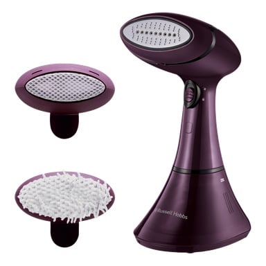 Bordowy Russell Hobbs Steamer Genie Color Control – ręczny parownik do ubrań z zakrzywioną rączką, przyciskiem zasilania i dwoma mocowaniami: metalową płytą i szczotką.