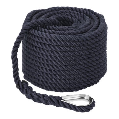 Ett hoprullat svart rep med en metallslinga i ena änden från Hamron Anchor-linan.