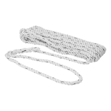 Ein aufgerolltes Hamron-Mooring-Seil aus weißem geflochtenem Material mit einer Schlaufe an einem Ende.