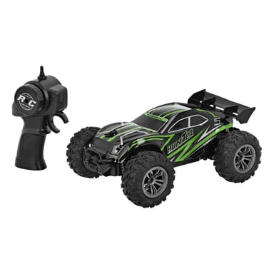 Obok czarnego pilota wyświetlany jest czarno-zielony Kayoba RC truck z dużymi oponami. Na boku ciężarówki widnieje napis "HUNTER".