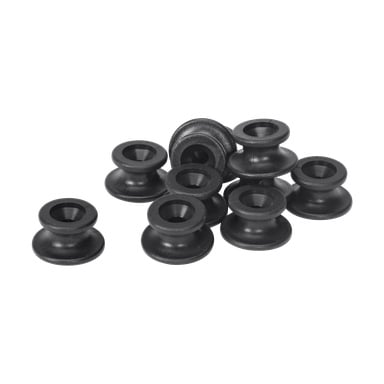 Dziewięć Hamron Fastener Pils z 10-packa jest ułożonych razem. Czarne plastikowe kołki są okrągłe z centralnym otworem i szerokimi, płaskimi obręczami, zaprojektowanymi do bezpiecznego mocowania.
