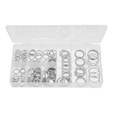 Das Hamron-Waschset besteht aus 160 Aluminiumstücken unterschiedlicher Größe, ordentlich in einer durchsichtigen Kunststoffbox mit einzelnen Fächern sortiert.