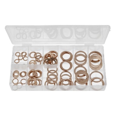 Ein Set von 90 verschiedenen Kupferscheiben in verschiedenen Größen, angeordnet in einer durchsichtigen Kunststoff-Organizerbox mit offenem Deckel.