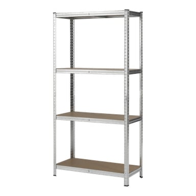 Hard Head Storage unit har en silverfärgad metallram med fyra hyllor av spånskivor och perforerade sidor för hylljustering.