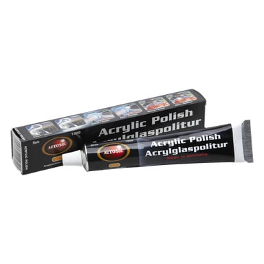 Przed czarnym pudełkiem znajduje się tubka pasty do pastowania plastycznego Autosol Plastic Polish Acrylic Polish, oba oznaczone białym tekstem i czerwonym logo Autosol. Pudełko przedstawia obrazy przedstawiające polerowanie różnych powierzchni.