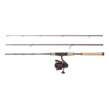 Abu Garcia Tormentor2 Travel Spinning Combo ma czerwono-czarną trzyczęściową wędkę z korkową rączką i kołowrotkiem, pokazaną złożoną i rozłożoną.