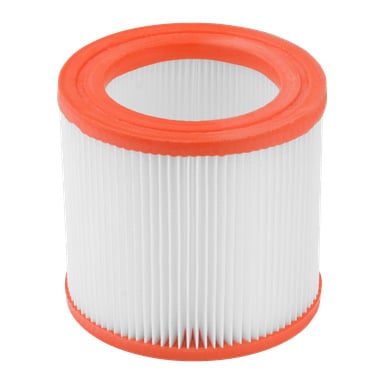 Et Stanley-filter designet for kraftige støvsugere, med sylindrisk form, hvitt plissert materiale og oransje gummikanter øverst og nederst.