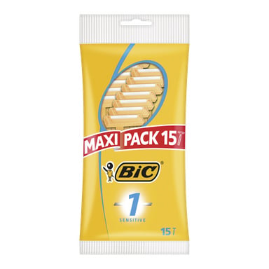 En gul pakke med Bic engangshøvler, med "BIC 1 Sensitive" og "MAXI PACK" på forsiden, med 15 barberhøvler synlige gjennom et klart vindu og Bic-logoen.