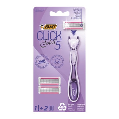 Maszynka Bic Click 5 Soleil Safety pokazana z uchwytem i dwoma dodatkowymi ostrzami w fioletowo-różowym opakowaniu, promującym gładkie golenie, materiały nadające się do recyklingu.