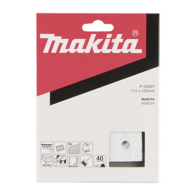 Makita Sheet Sander Sandpaper 10-pack (P-35807, 114x102mm) viser ikoner for tre, metall, maling og et vindu som avslører hvitt sandpapir inni.