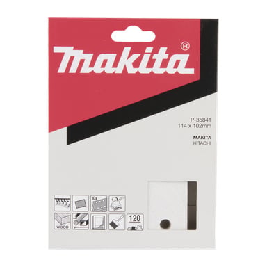 10-pakning Makita slipepapir (P-35841), 114x102 mm, kornstørrelse 120, til tre og andre bruksområder; passer til Hitachi Sanders.
