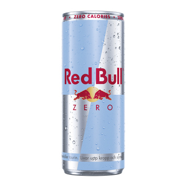 En slank silver- och ljusblå Red Bull Zero-burk med vattendroppar, två Red Bulls och sol-logga samt "Zero Calories" högst upp.