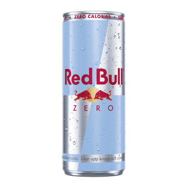 En slank silver- och ljusblå Red Bull Zero-burk med vattendroppar, två Red Bulls och sol-logga samt "Zero Calories" högst upp.