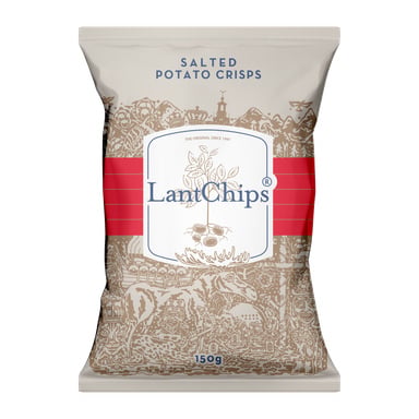 En 150g pose Svenska LantChips Swedish Country Crisps Salt med hvitt, brunt og rødt design, samt dekorativ grafikk og tekst.