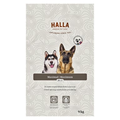 En 9 kg tung Halla Dog Food Maximal-påse visar en Husky och en schäfer, med nordiska designelement och orden "Maximum formula for active adult dogs."