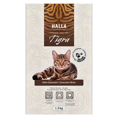 Torba karmy Halla Cat Tigra o wadze 1,9 kg z pręgowanym kotem, sierściem w tygrysie paski, pieczęciami certyfikacyjnymi i oznaczoną jako Kött Gourmet | Mięso wykwintne.