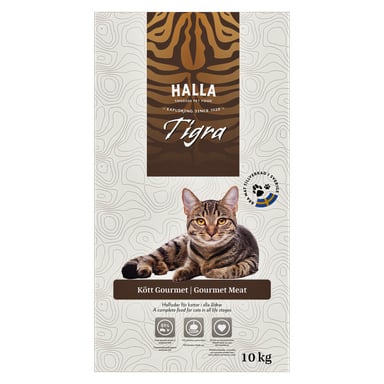 Worek 10-kilogramowej karmy Halla Cat Tigra przedstawia leżącego brązowo-czarnego pręgowanego kota, tygrysie paski powyżej, informacje o produkcie oraz etykietę Made in Sweden.
