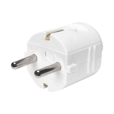 Anslut Plug, valkoinen eurooppalainen kaksipiikkinen sähköadapteri, on esitetty rinnakkaisilla sylinterimäisillä metallipiikeillä. Muovikuoressa näkyy erilaisia symboleja ja merkintöjä.
