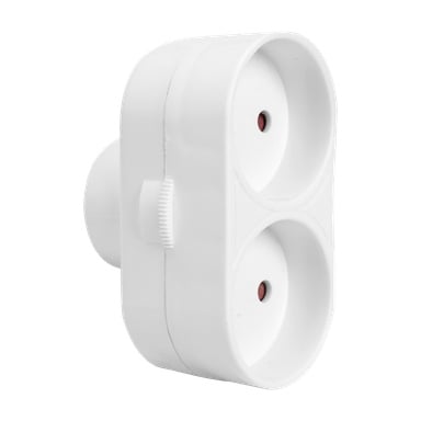 En hvit plastadapter for Anslut-stikkontakter med to runde sokler, røde sikkerhetsindikatorer på hver kontakt, og en liten sidebryter i oval, plassbesparende design; kompatibel med europeiske plugger.