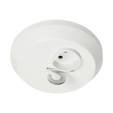 Ett cirkulärt vitt plastsockel till Anslut med ett inbyggt hål för montering och en fäst metallkrok, avsett för att hänga upp lätta föremål som växter eller dekorativa föremål.