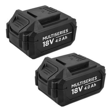 Par svarte Meec Tools Multiseries BA-18V Home 530-batterier, merket 18V 4.0 Ah, vist fra flere vinkler.