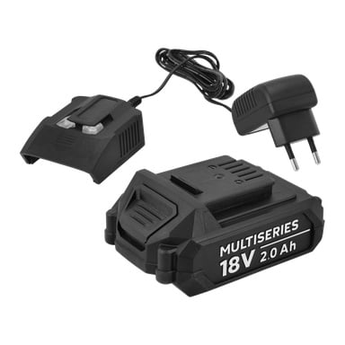 Meec Tools Multiseries COMPACT STARTER PACK med svart 18V 2.0Ah batteri, kompatibel lader og to-pinners strømadapter.