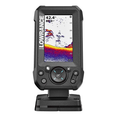 Lowrance Sonar Eagle 4X viser et sonarbilde med fisk og undervannsstrukturer på 42,4 fot, med skjerm og frontknapper.