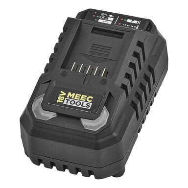 Black Meec Tools Multiseries batteriladdare CH-18V HOME 300 med indikatorlampor, sidospår och en frontetikett, lutad åt höger.