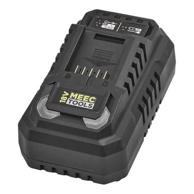 En svart Meec Tools Multiseries batteriladdare CH-18V HOME 500 med indikatorlampor och en batteriplats som visas i en lätt vinkel.