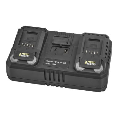 Meec Tools Multiseries 2-ports svart laddare för 18V-batterier, med två platser, indikatorlampor och en 5V 2A 10W-etikett.