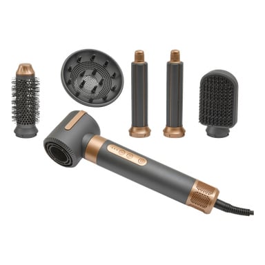 Ein grau-goldenes Haarstyling-Tool mit fünf abnehmbaren Aufsätzen: Rundbürste, Diffusor, zwei Fässer und flache Paddelbürste.