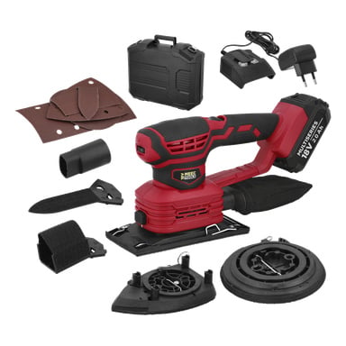 Meec Tools Multiseries 3-i-1 Multi-slipkit innehåller en röd och svart slipmaskin, tillbehör, pads, dammpåse, laddare, batteri och fodral.
