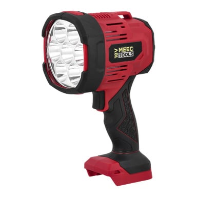 Rød og svart LED-flomlys, LD-18V HOME 300 fra Meec Tools Multiseries, har svart håndtak og syv frontreflektorpærer.