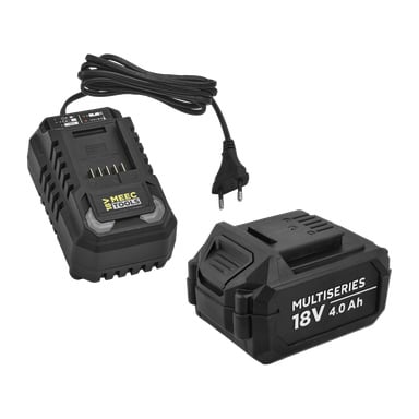 En Meec Tools Multiseries ESSENTIAL POWER PACK med svart batterilader, strømkabel og et separat 18V 4,0 Ah batteripakke.